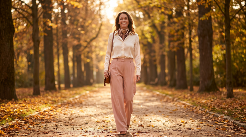 Confident woman in a cream blouse and blush trousers smiling on a sunlit autumn park path