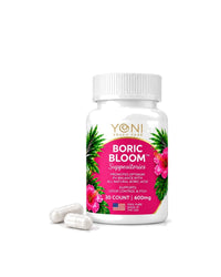 Yoni Peach Care Boric Bloom boric acid vaginal suppositories, 600 mg, 30-count bottle with two capsules on a white background