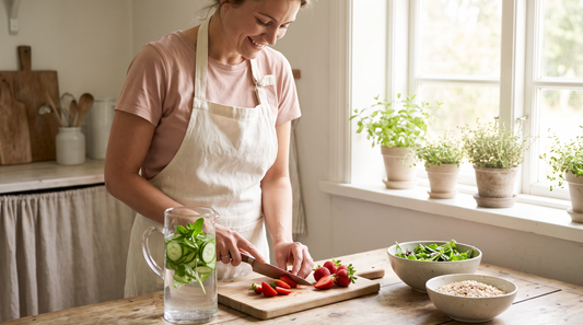 Woman slicing strawberries at a sunny kitchen table beside a pitcher of cucumber mint water and greens