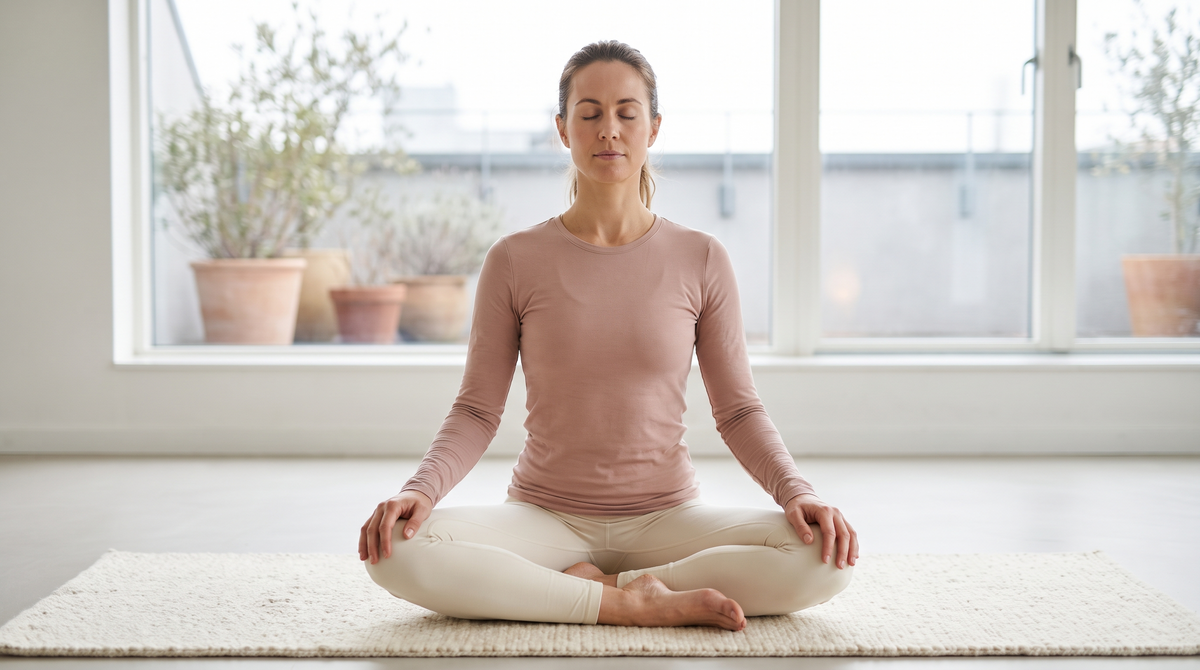 Woman in blush top and cream leggings sitting on a yoga mat breathing calmly in a bright studio