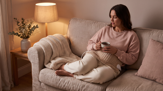 Woman in a blush sweatshirt resting on a sofa with a heating pad and a cup of herbal tea