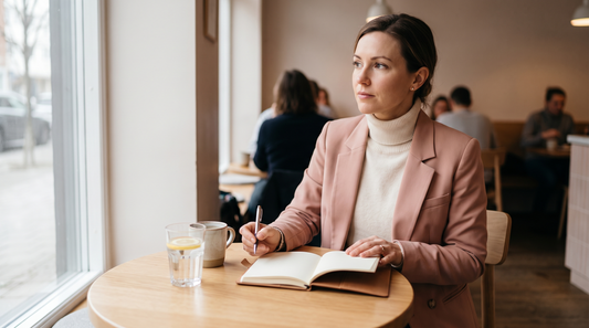 Woman in a blush blazer writing notes in a small notebook at a sunny cafe table