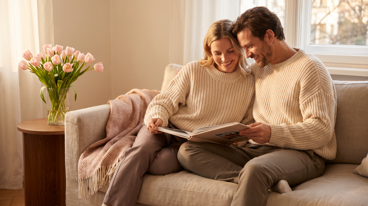 Couple in cream sweaters sitting close on a sofa reading together beside a vase of blush tulips