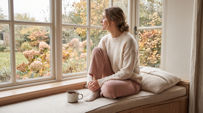 Woman in a cream sweater sitting on a window seat with tea, gazing out at an early autumn garden