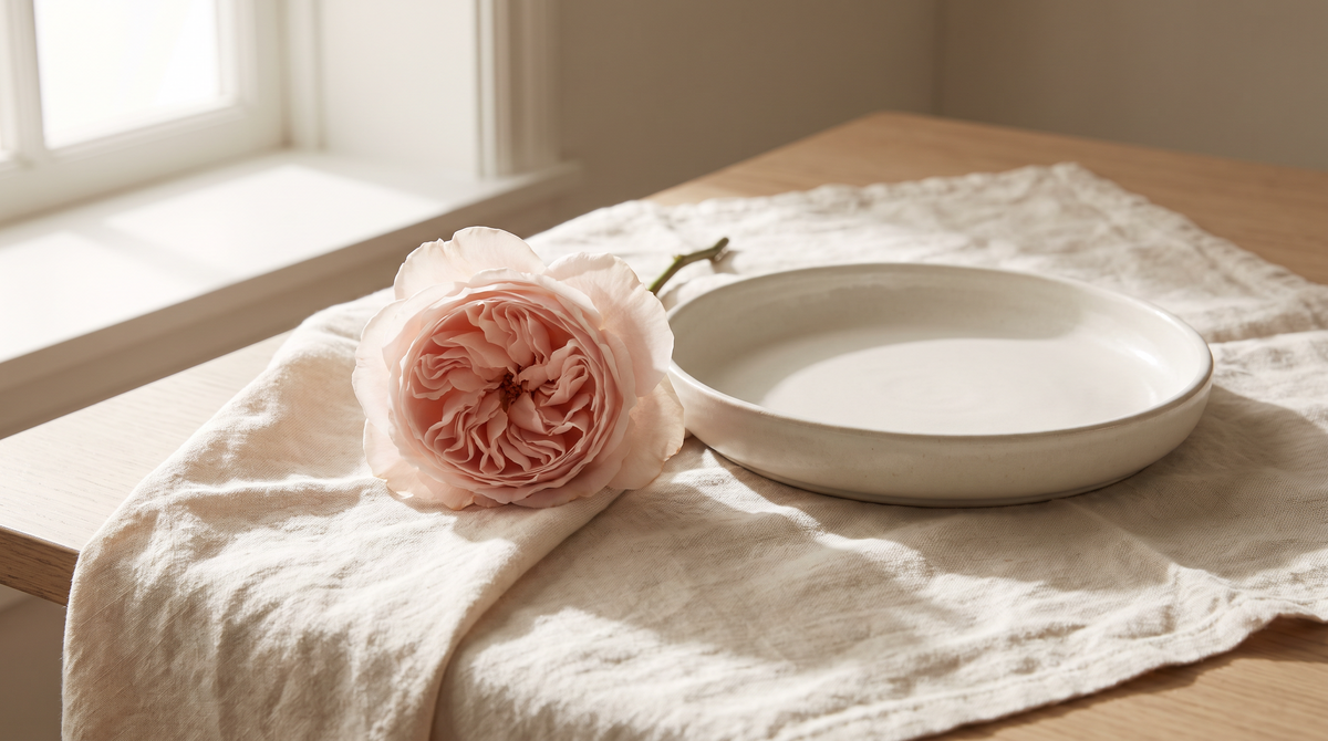 Open blush pink rose resting on folded cream linen beside a ceramic dish in soft window light