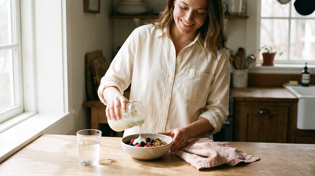 Woman in a cream shirt preparing a yogurt bowl with berries at a sunny kitchen counter