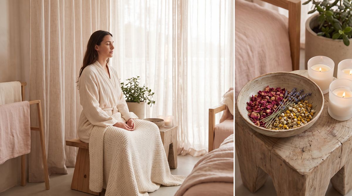 Woman in a long cream robe sitting quietly beside a bowl of dried rose, lavender, and chamomile