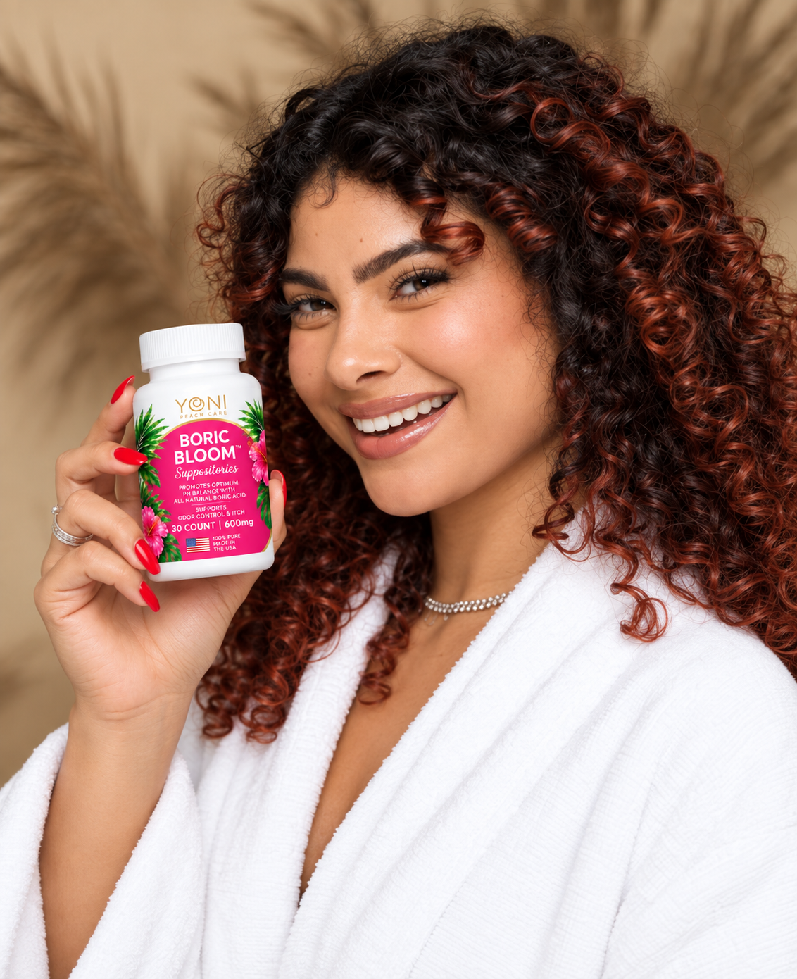 Yoni Peach Care Boric Bloom bottle and individual suppository