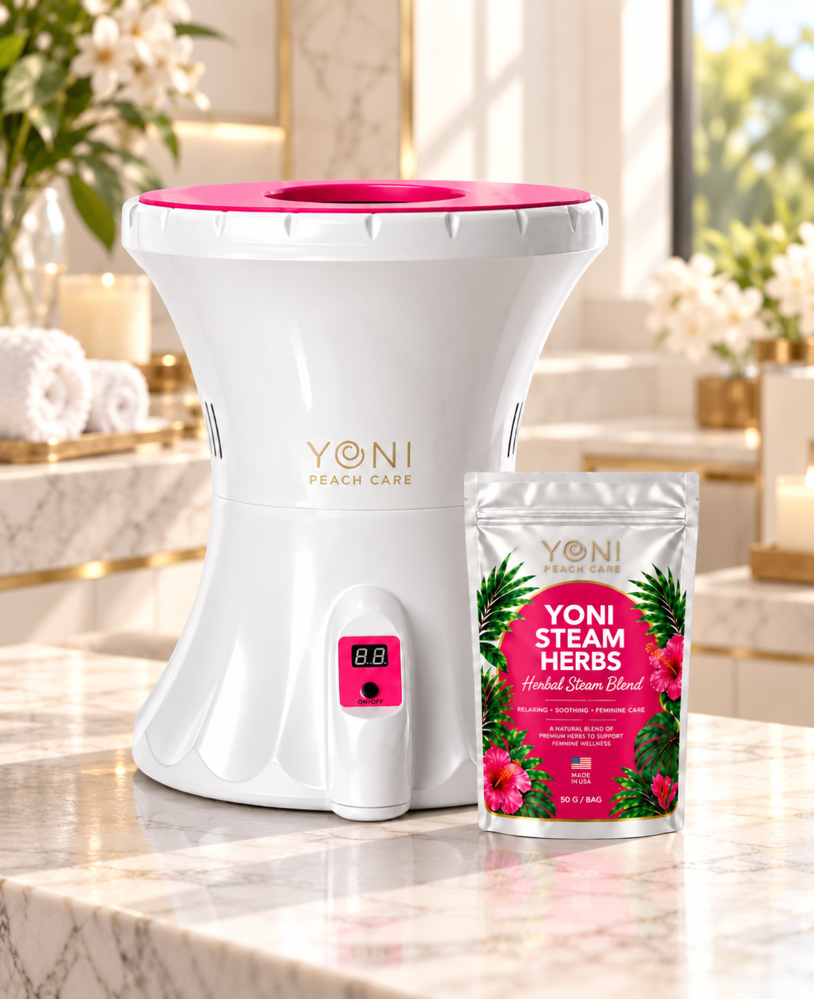 Rejuvenating V-Pot electric steamer with a Yoni Steam Herbs pouch on a marble counter