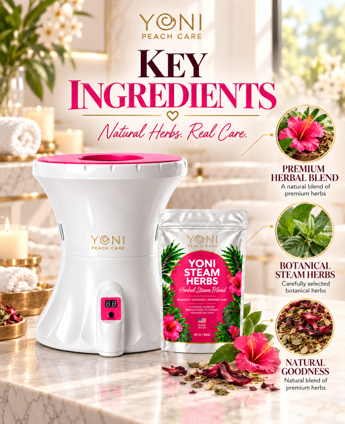 V-Pot steamer and Yoni Steam Herbs with premium herbal blend and botanical ingredient callouts