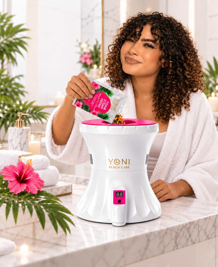 Woman adding Yoni Steam Herbs to the Rejuvenating V-Pot on a bathroom counter