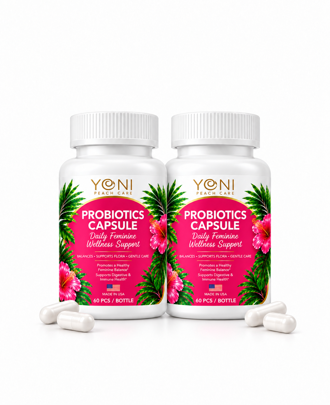 Two bottles of Blissful Balance women's probiotic capsules, 60 capsules each