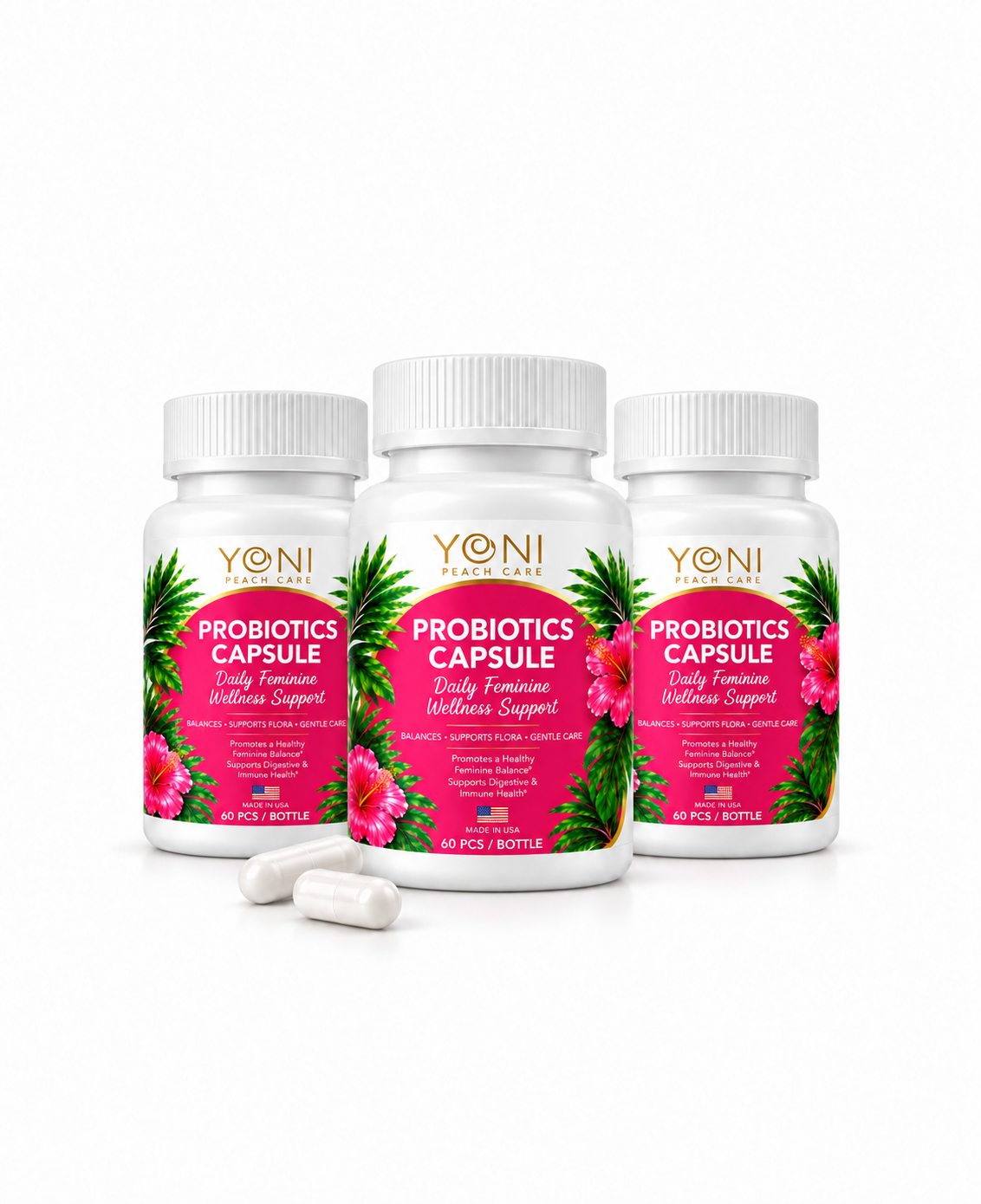 Three bottles of Blissful Balance women's probiotic capsules, 60 capsules each