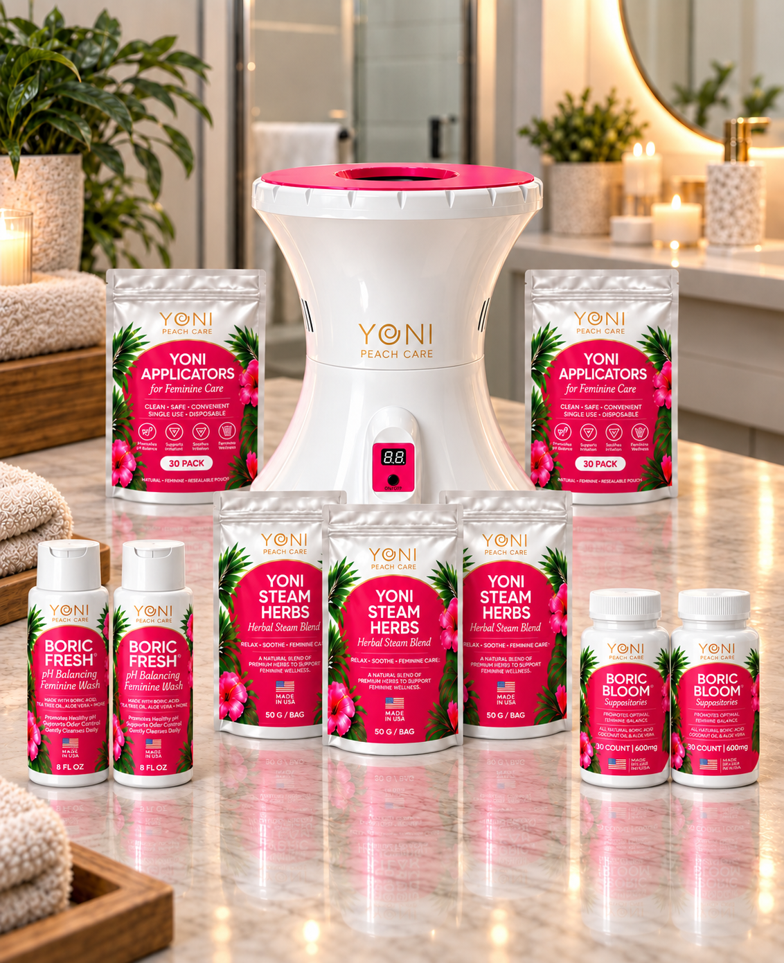 Peach Bae Complete Bundle on a marble counter: V-Pot, applicators, steam herbs, Boric Fresh and Boric Bloom