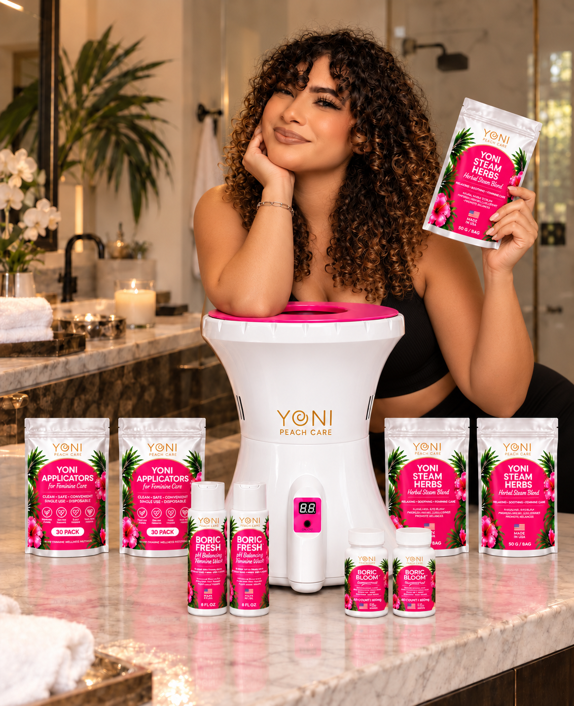 Woman leaning on the V-Pot steamer surrounded by Peach Bae Complete Bundle products