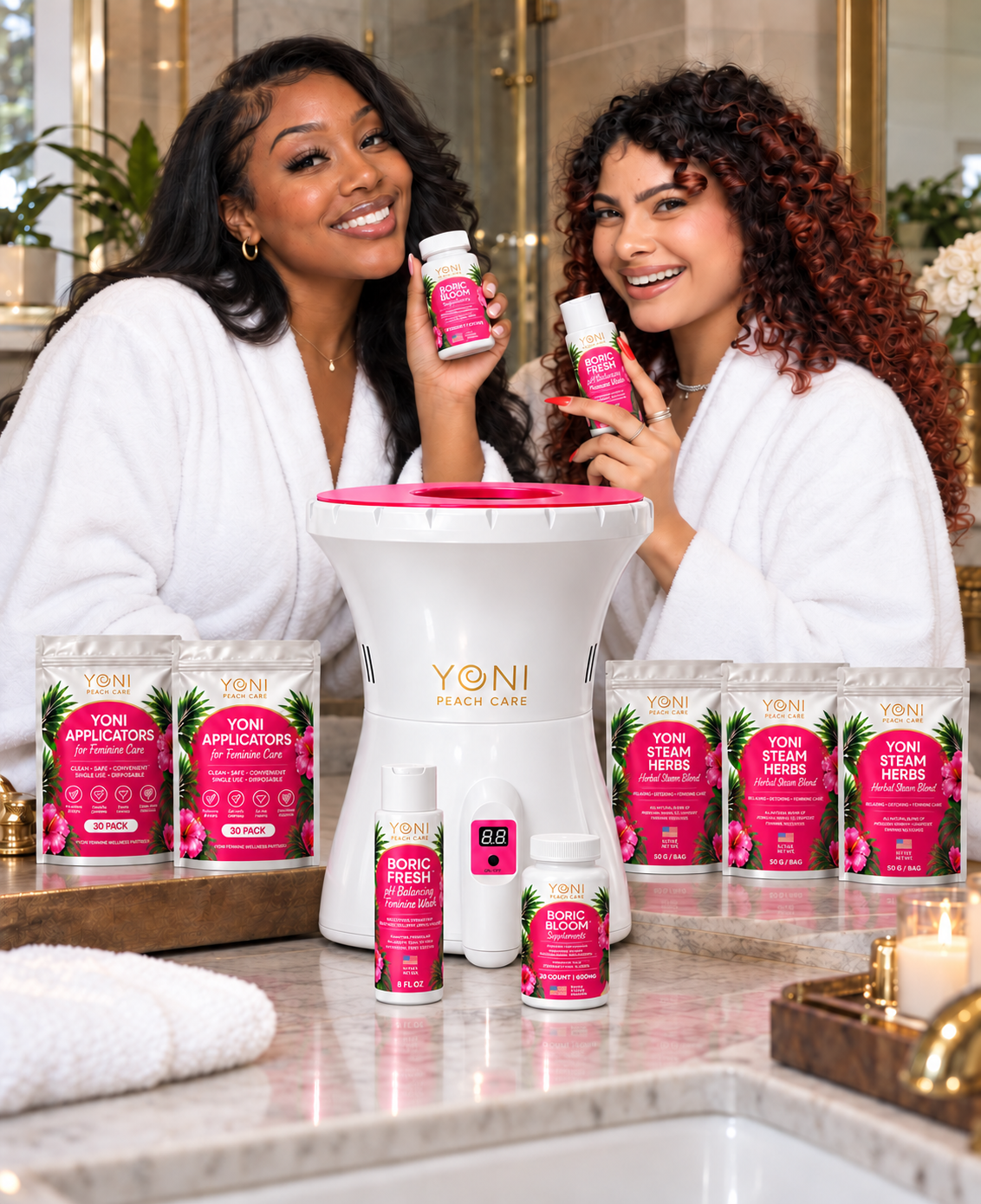 Two women in white robes with the Peach Bae Complete Bundle feminine care collection