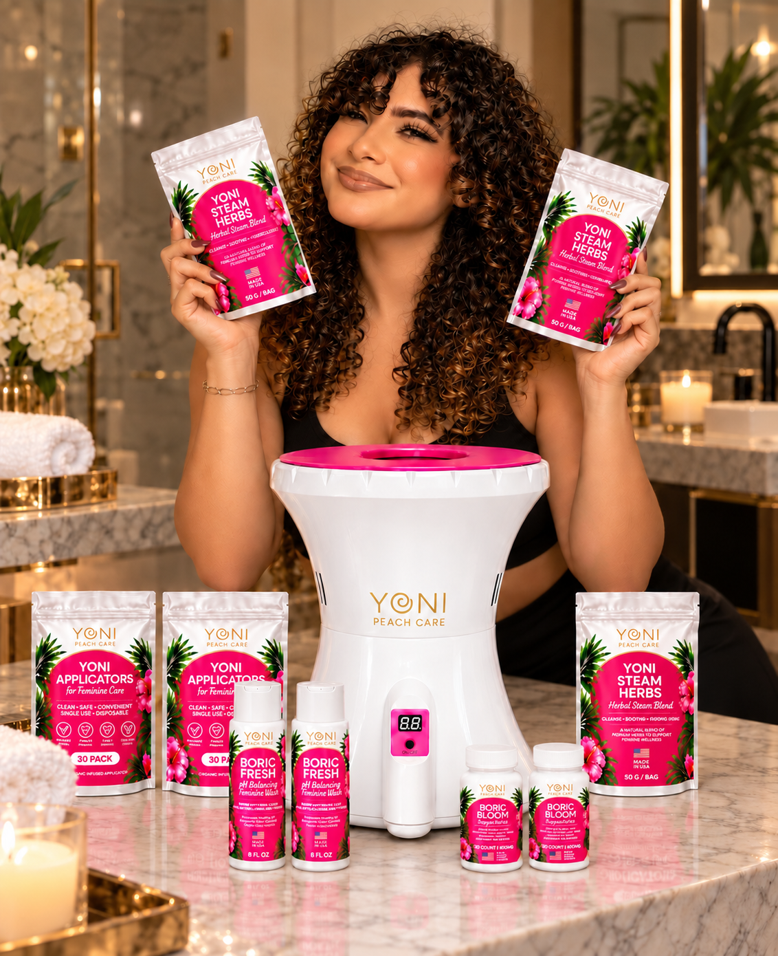 Woman holding steam herb pouches behind the Peach Bae Complete Bundle and V-Pot steamer