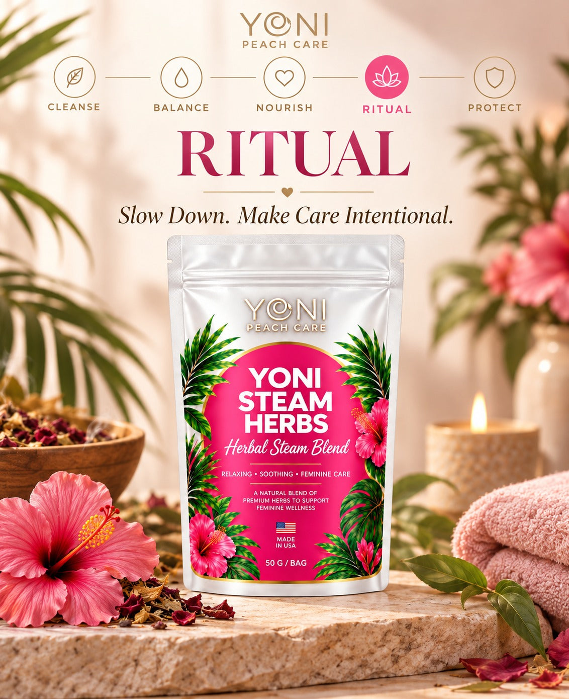Yoni Peach Care botanical ritual products with Sacred Feminine Herbal Blend