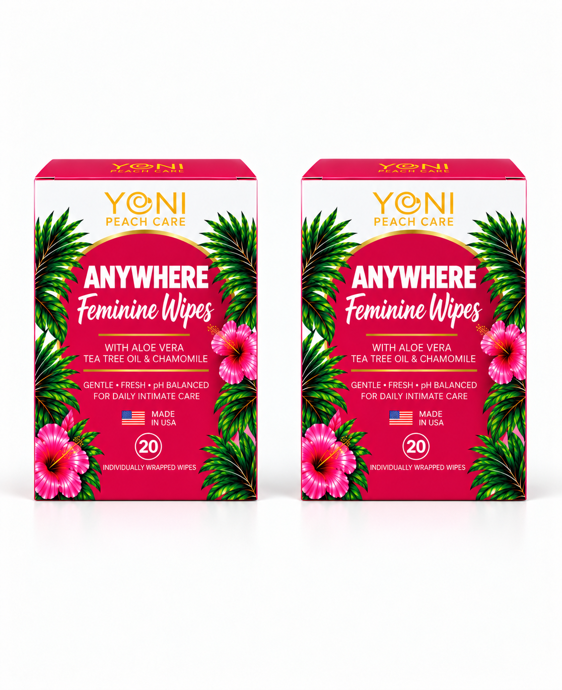 Two boxes of Anywhere Feminine Wipes, 20 individually wrapped wipes each