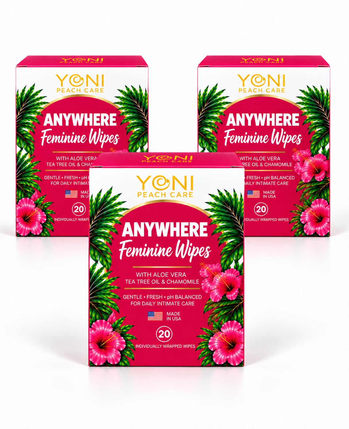 Three boxes of Anywhere Feminine Wipes, 20 individually wrapped wipes each