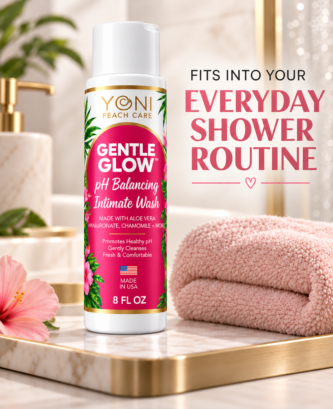 Gentle Glow pH balancing intimate wash on a shower shelf with a soft pink towel