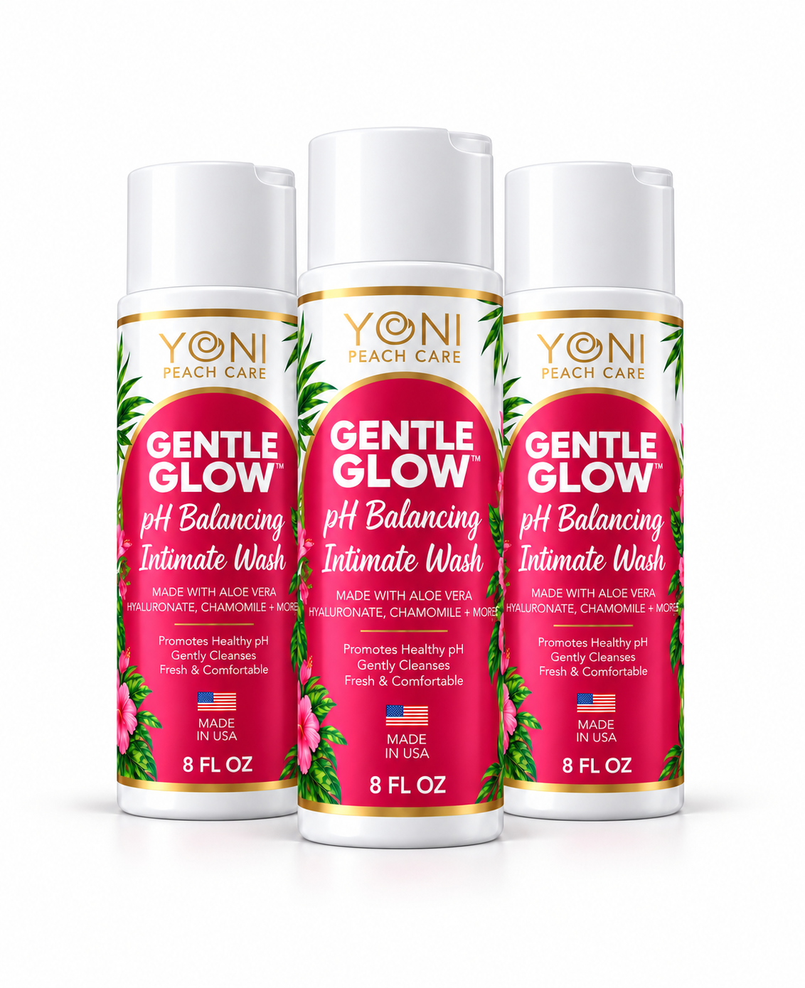 Three-pack of Gentle Glow pH balancing intimate wash 8 fl oz bottles