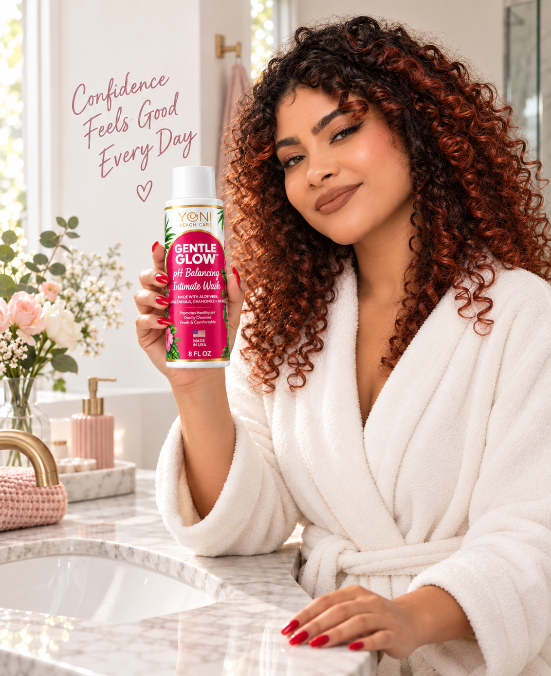 Woman in a white robe holding Gentle Glow intimate wash at a bathroom sink