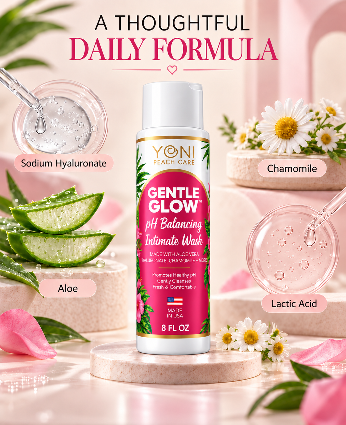 Gentle Glow formula with sodium hyaluronate, aloe, chamomile and lactic acid