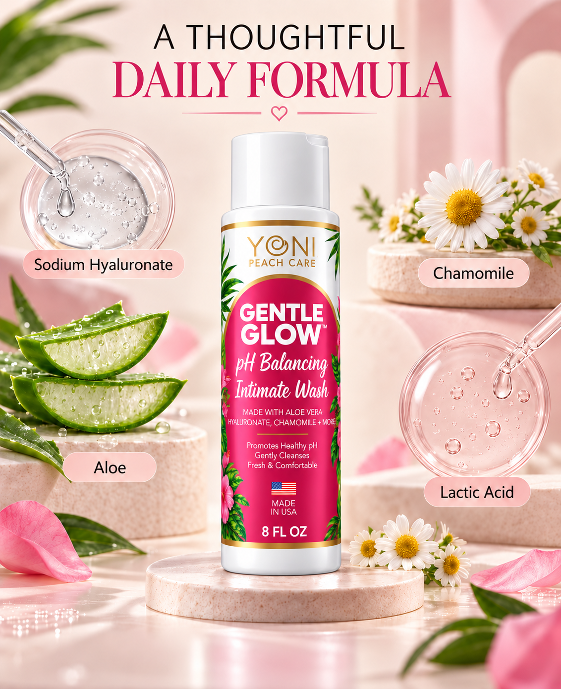 Gentle Glow formula with sodium hyaluronate, aloe, chamomile and lactic acid