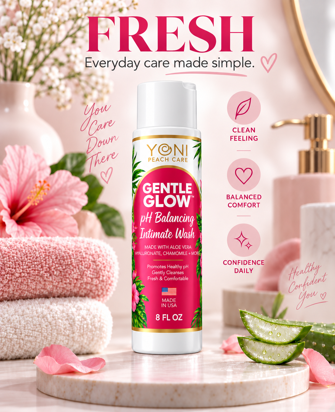 Gentle Glow intimate wash for everyday fresh care with aloe and folded towels
