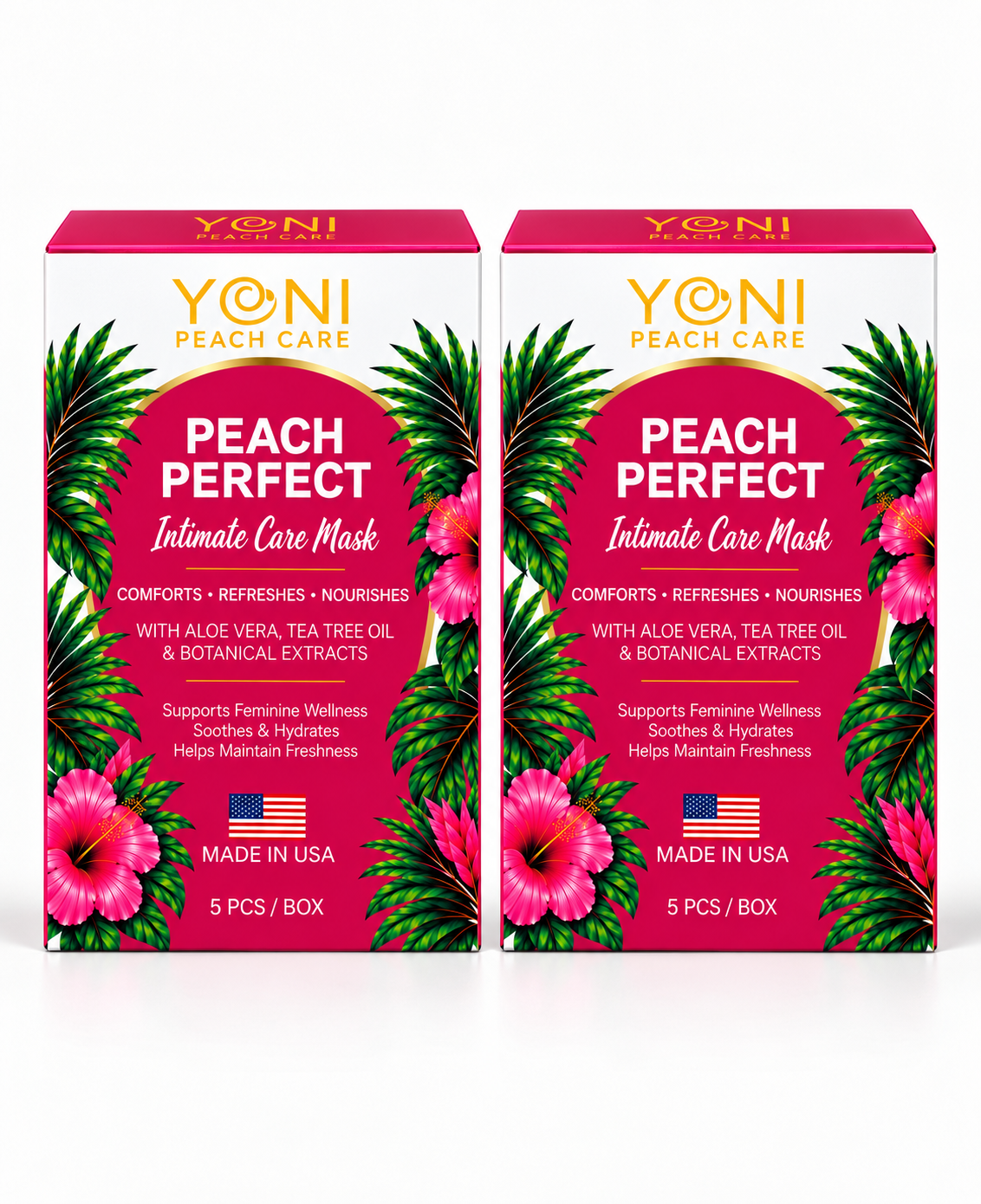 Two boxes of Peach Perfect Intimate Care Mask, 5 sheet masks per box