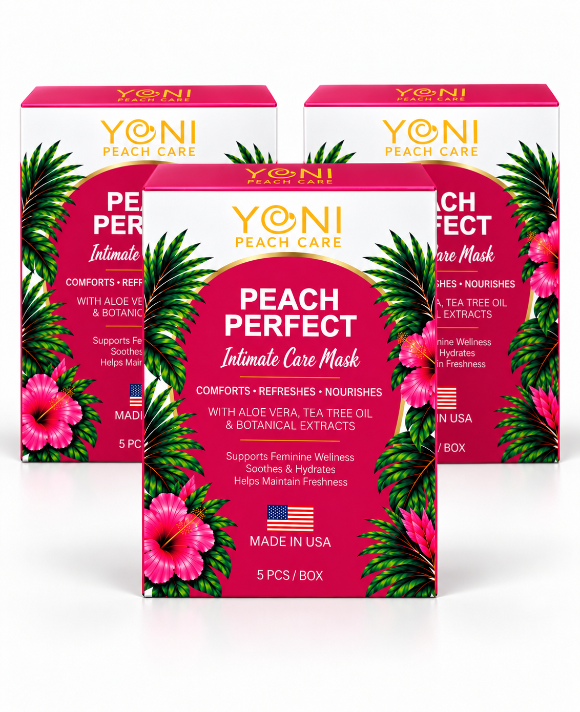 Three boxes of Peach Perfect Intimate Care Mask, 5 sheet masks per box