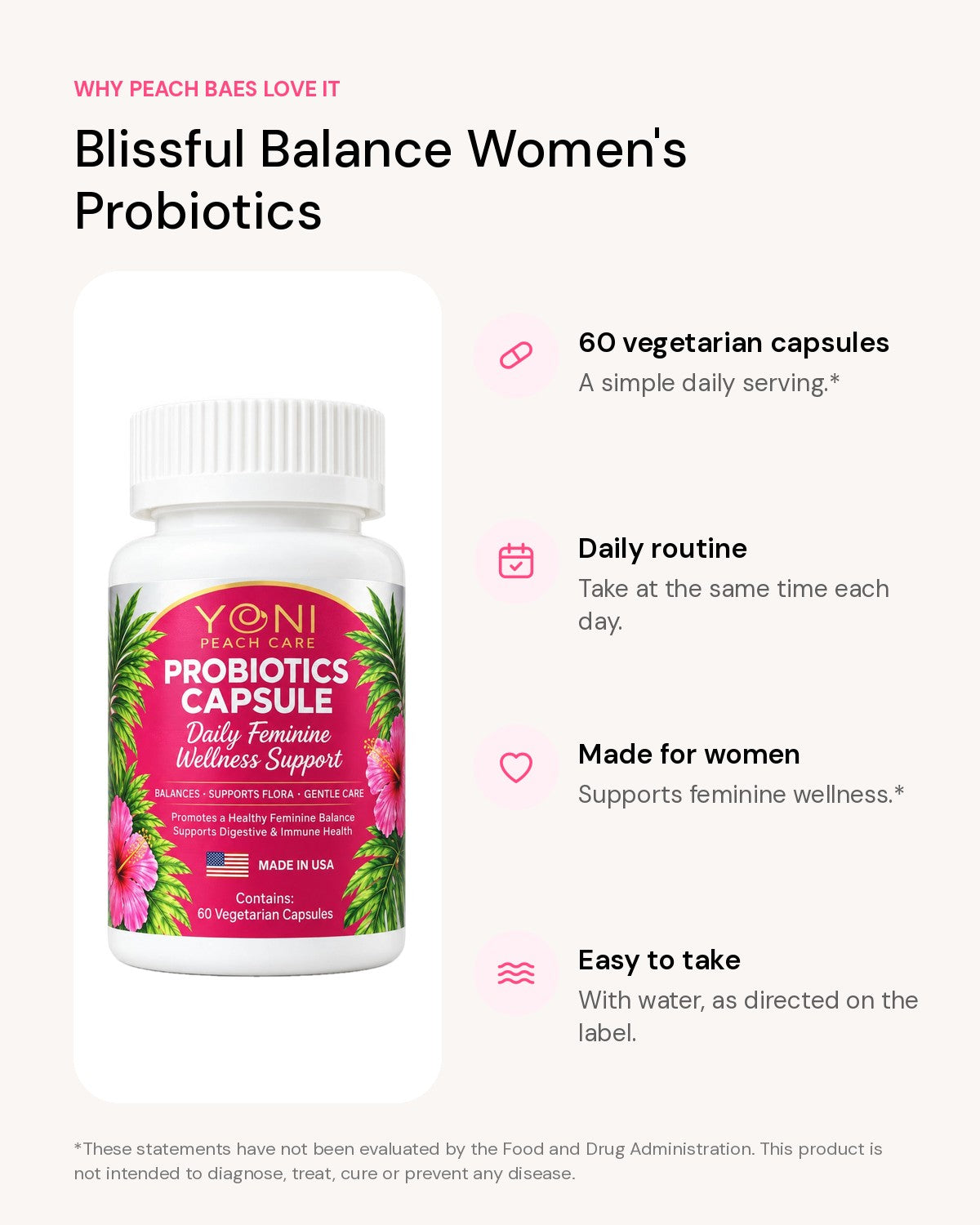 Blissful Balance Women's Probiotics benefits: 60 vegetarian capsules, Daily routine, Made for women, Easy to take