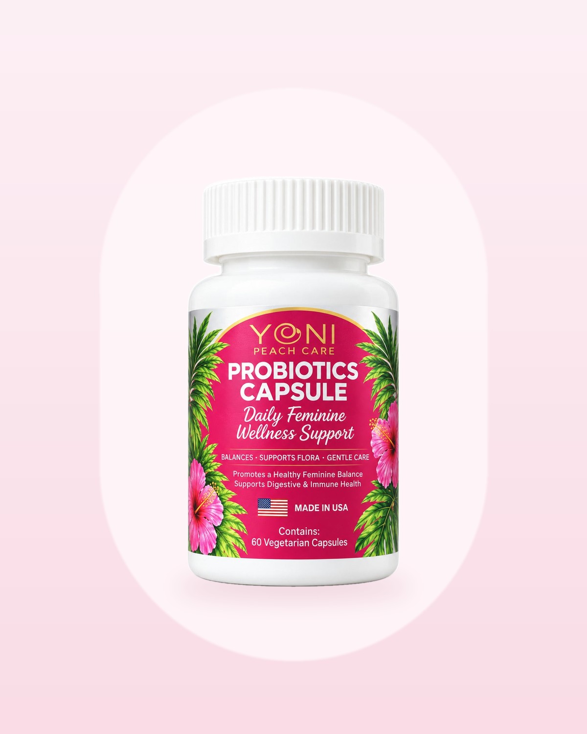 Blissful Balance Women's Probiotics by Yoni Peach Care, photographed on a soft blush background