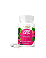 Yoni Peach Care Boric Bloom boric acid vaginal suppositories, 600 mg, 30-count bottle with two capsules on a white background