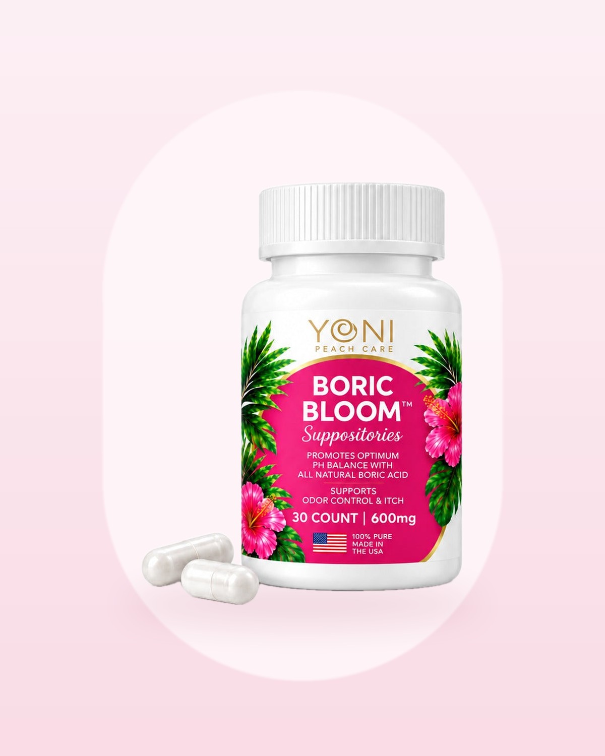 Boric Bloom Suppositories by Yoni Peach Care, photographed on a soft blush background