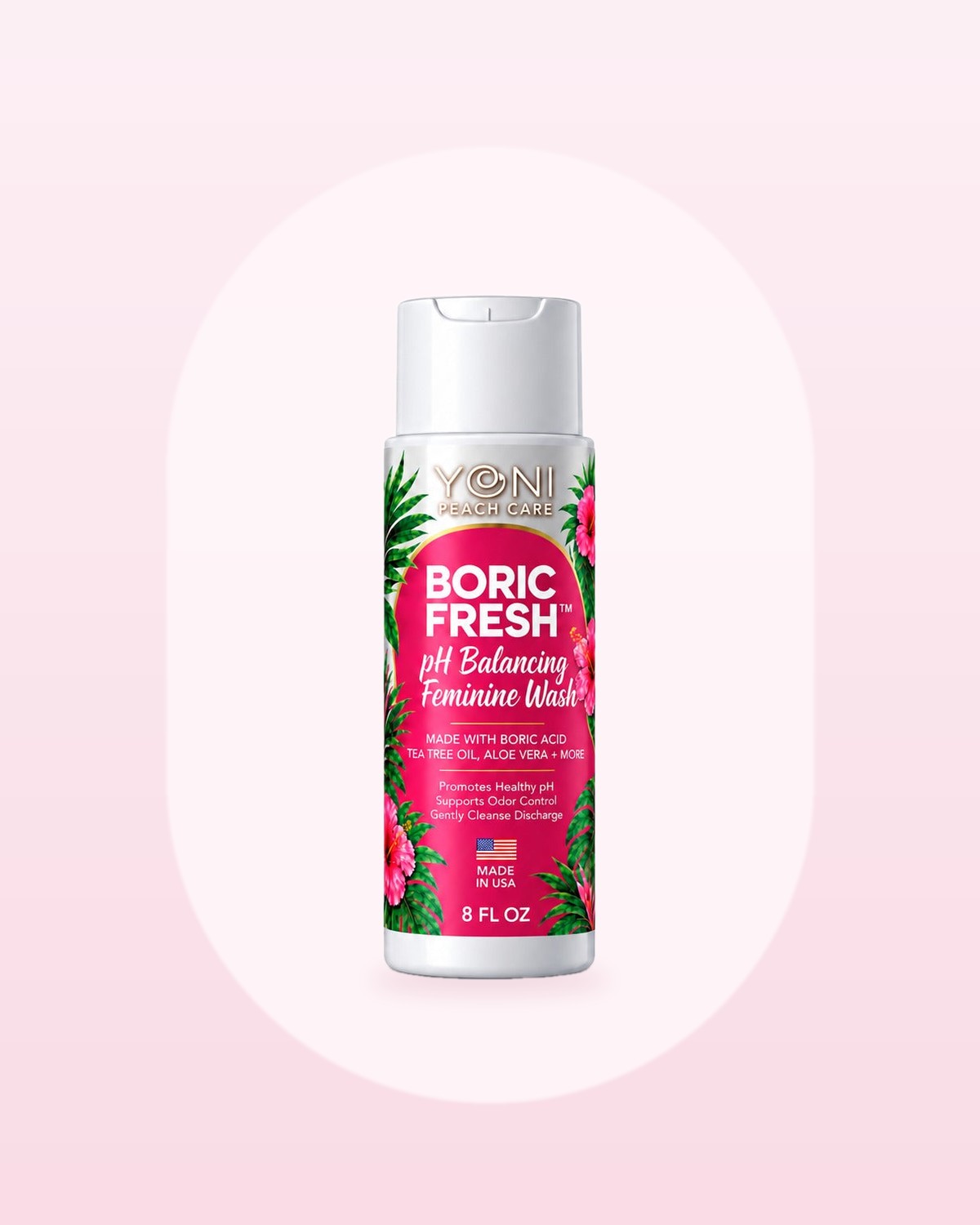 Boric Fresh pH Balancing Feminine Wash by Yoni Peach Care, photographed on a soft blush background