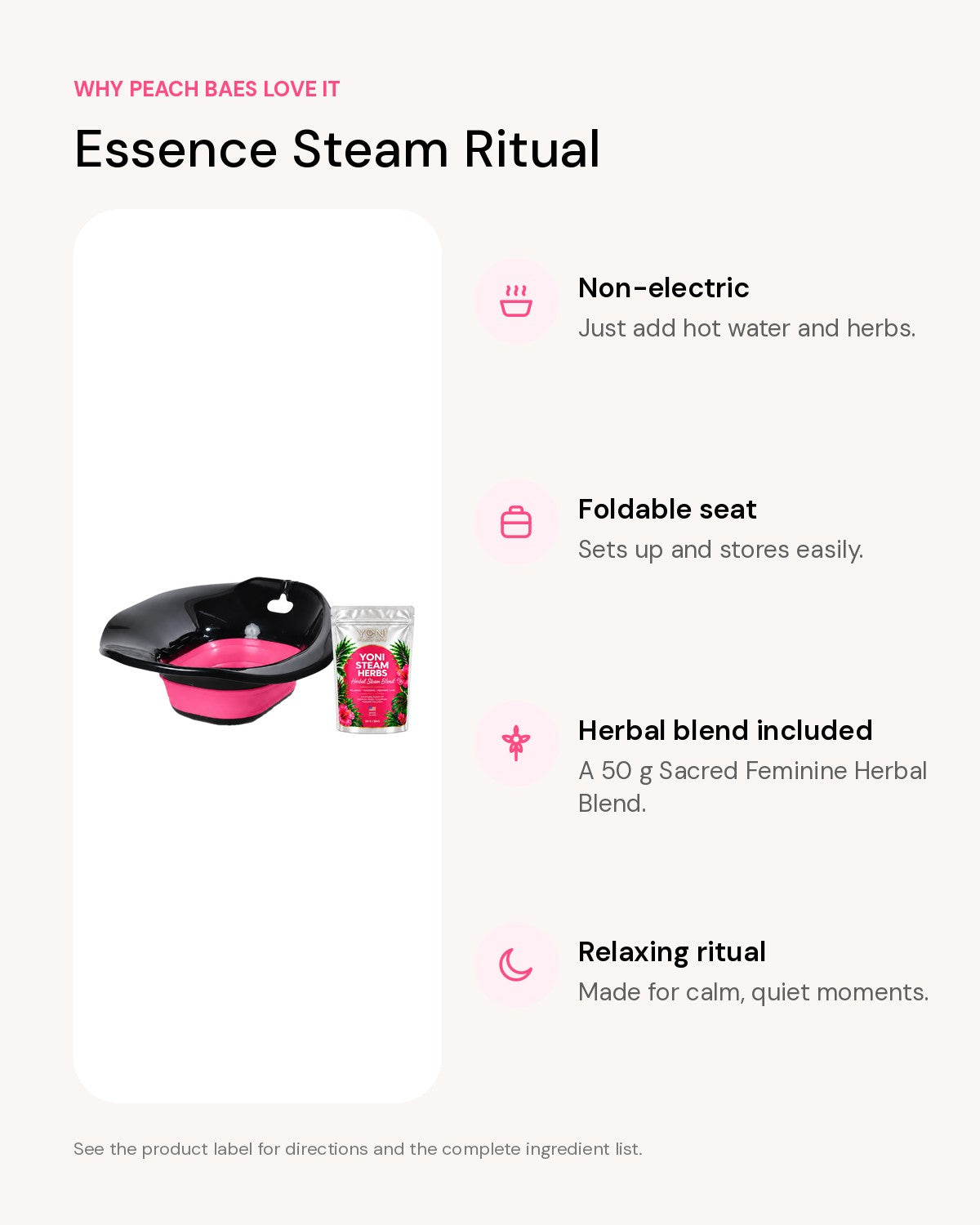 Essence Steam Ritual benefits: Non-electric, Foldable seat, Herbal blend included, Relaxing ritual