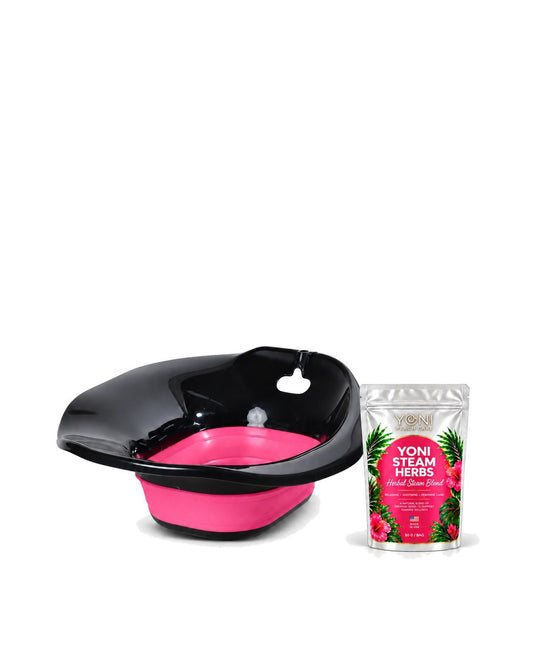 Essence Steam Ritual kit: foldable pink and black ritual seat with Yoni Steam Herbs herbal steam blend pouch