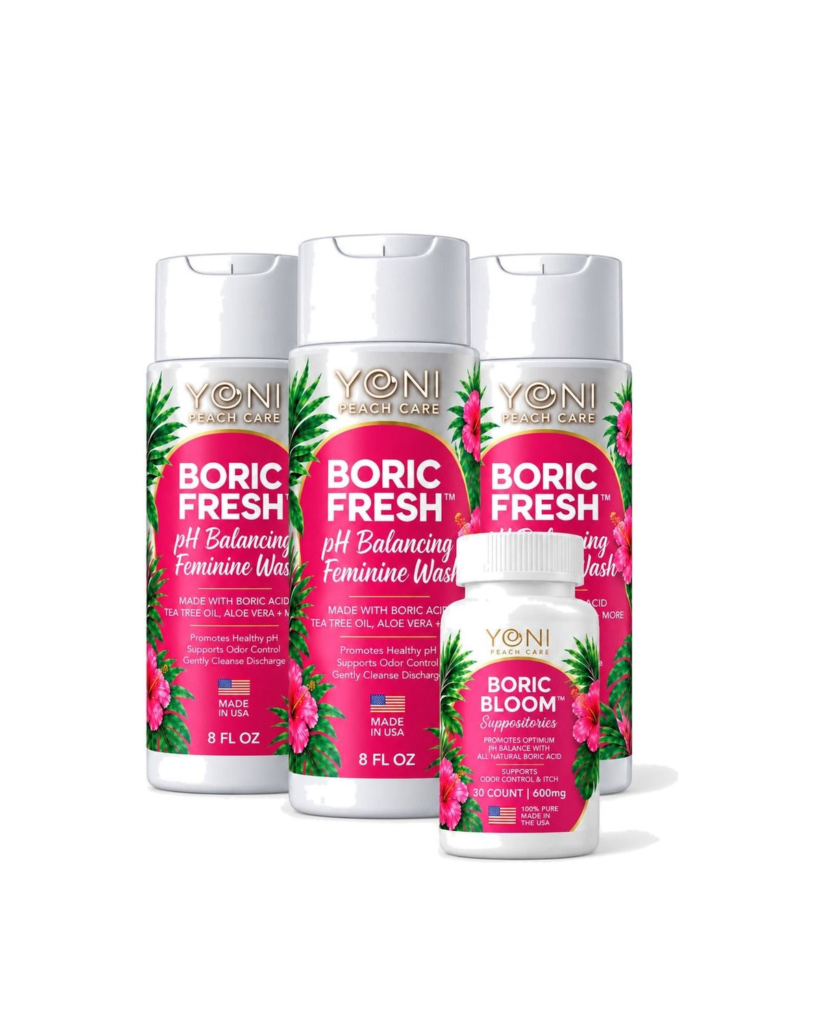 Fresh Balance Duo Bundle: three Boric Fresh pH balancing feminine wash bottles and Boric Bloom suppositories