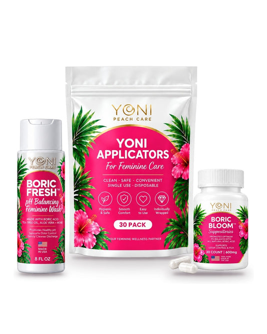 Fresh Balance Kit: Boric Fresh pH Balancing Feminine Wash, Disposable Suppository Applicators 30 pack and Boric Bloom 600 mg suppositories