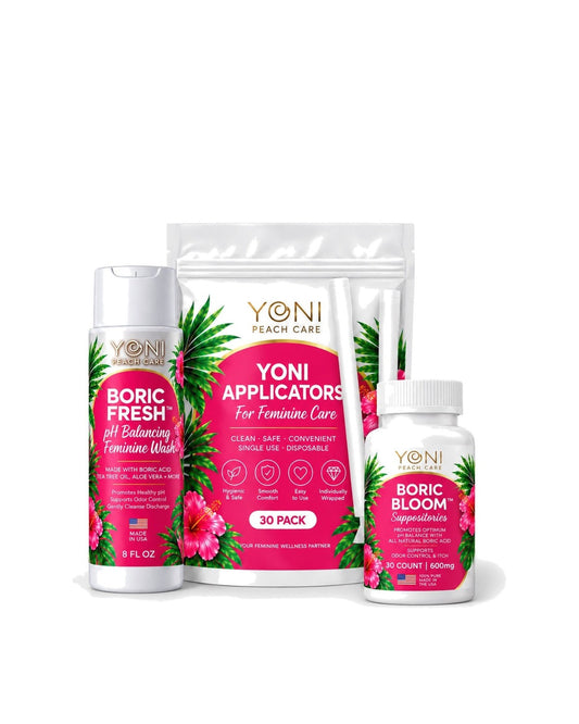 Fresh Balance Kit Bundle: Boric Fresh feminine wash, Boric Bloom suppositories and disposable applicators 30-pack