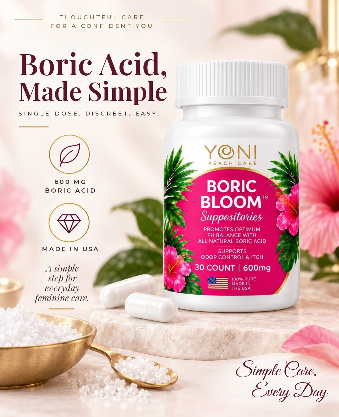 Boric Bloom boric acid suppositories, 600 mg, made in the USA, on a marble pedestal