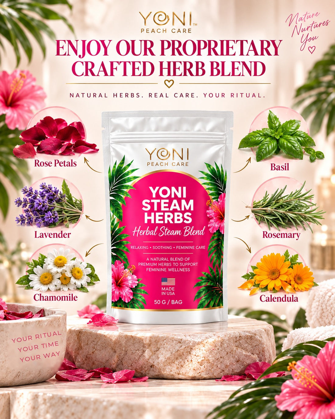 Yoni Steam Herbs blend with rose petals, lavender, chamomile, basil, rosemary and calendula