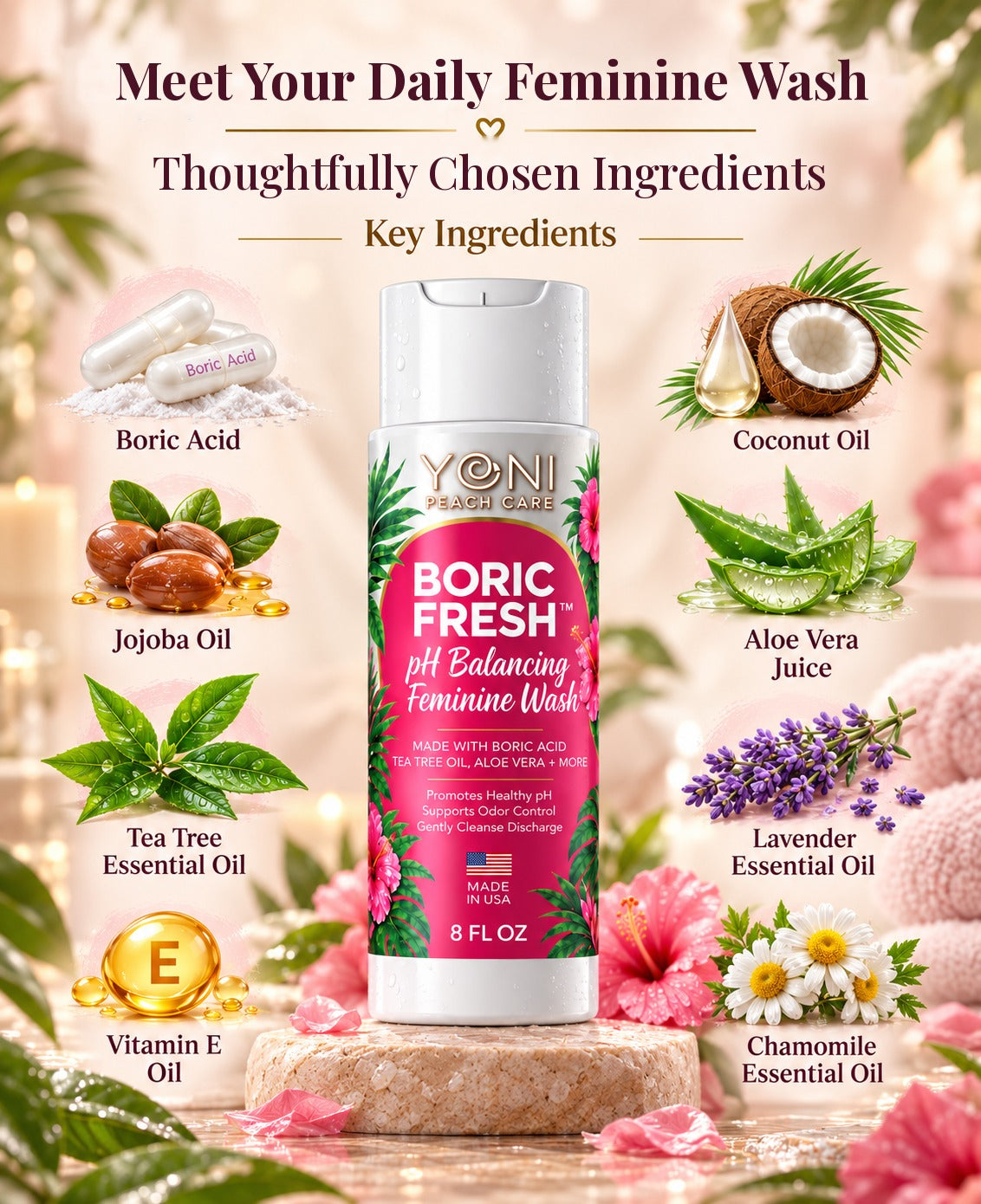 Boric Fresh feminine wash key ingredients: boric acid, coconut oil, jojoba oil, aloe vera, tea tree, lavender, vitamin E and chamomile