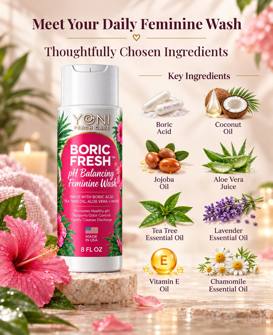Boric Fresh feminine wash key ingredients: boric acid, coconut oil, jojoba oil, aloe vera, tea tree, lavender, vitamin E and chamomile