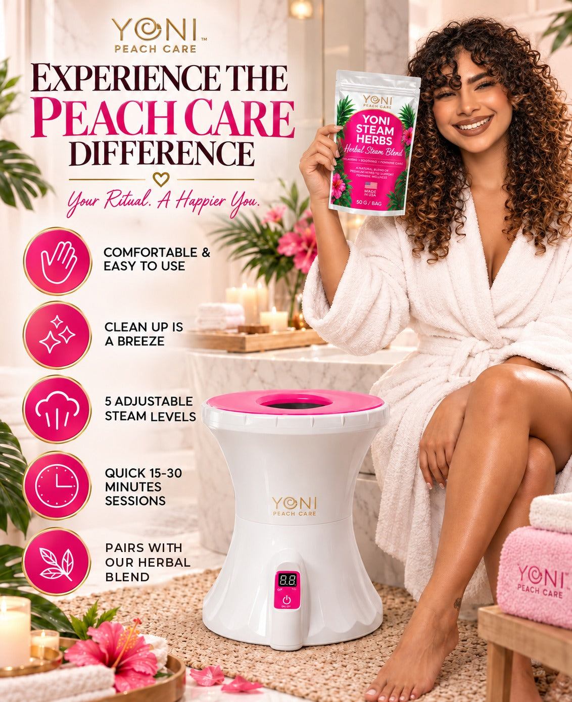 Rejuvenating V-Pot features: comfortable, easy clean-up, 5 steam levels, 15 to 30 minute sessions, pairs with our herbal blend