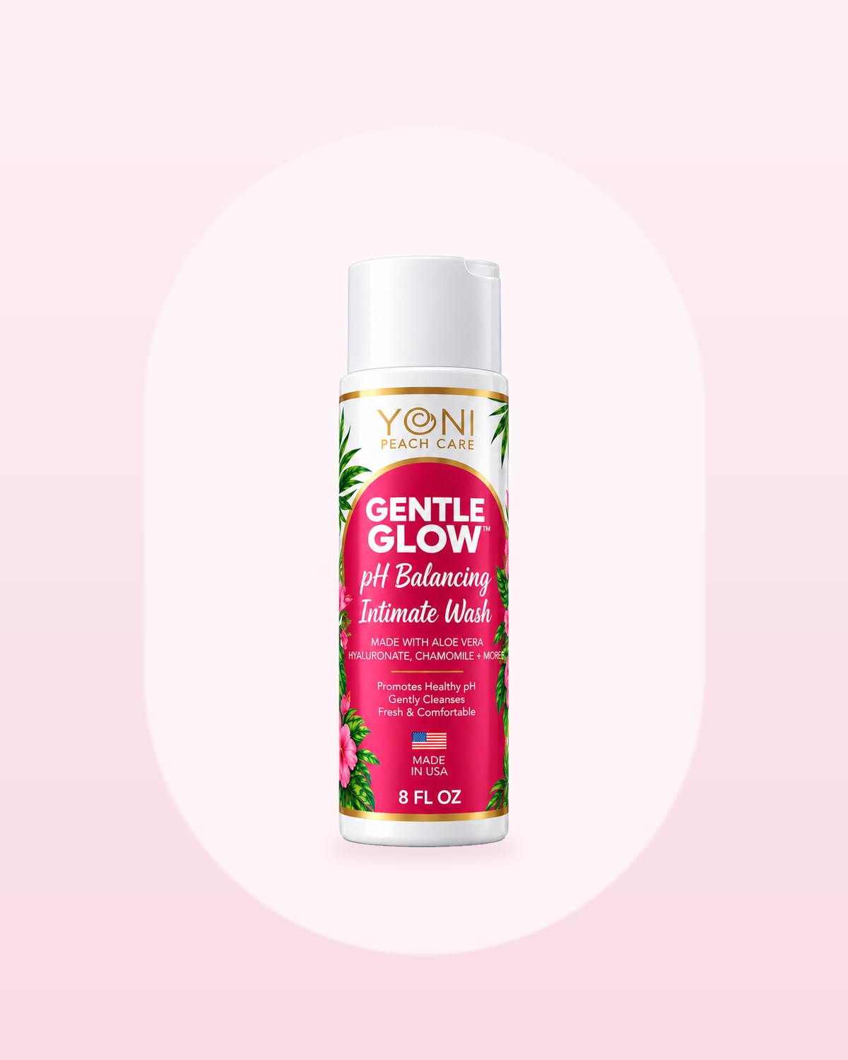 Gentle Glow Intimate Wash by Yoni Peach Care, photographed on a soft blush background