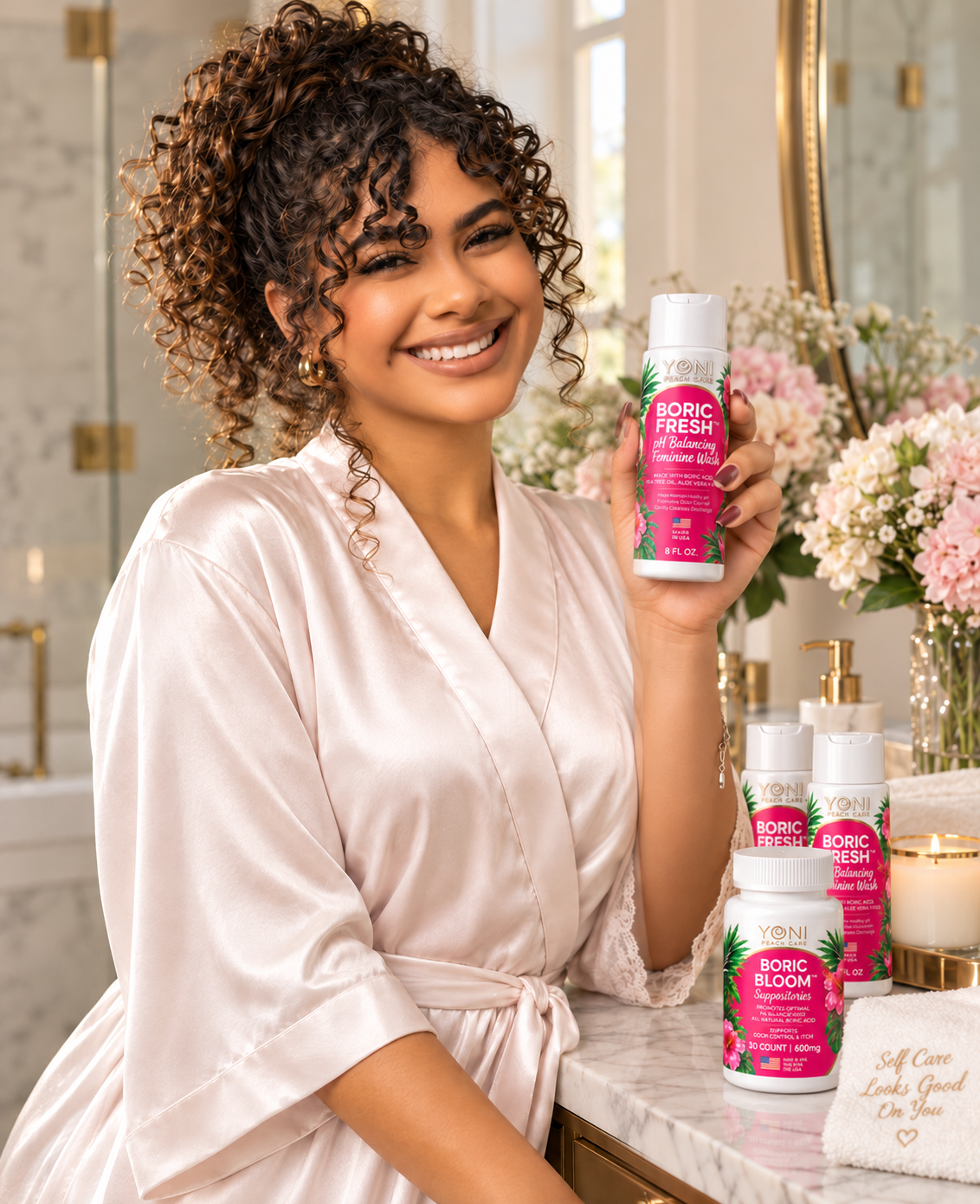 Smiling woman in a satin robe holding Boric Fresh pH Balancing Feminine Wash in a bright bathroom