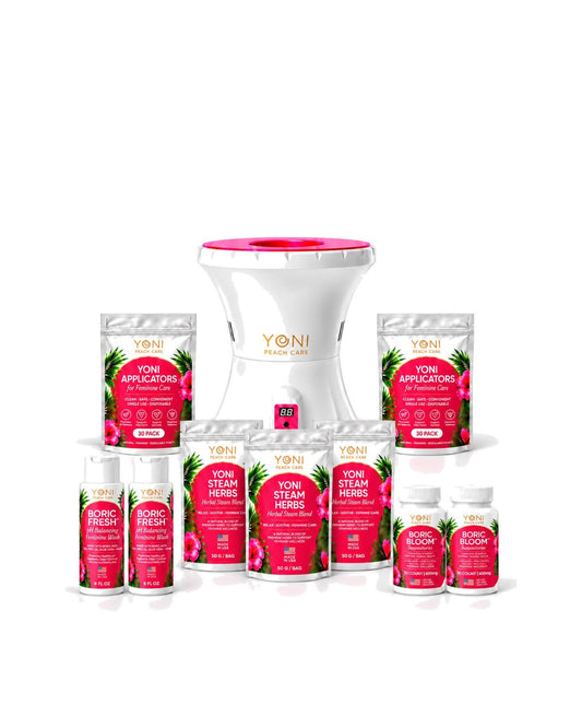 Peach Bae Complete Bundle: V-Pot steamer, Boric Fresh washes, Boric Bloom suppositories, applicators and steam herbs
